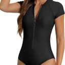 American Trends Womens Short Sleeve One Piece Swimsuits 2025 Modest Rash Guard, Zip Up High Neck Full Coverage Bathing Suits (Medium, Black)