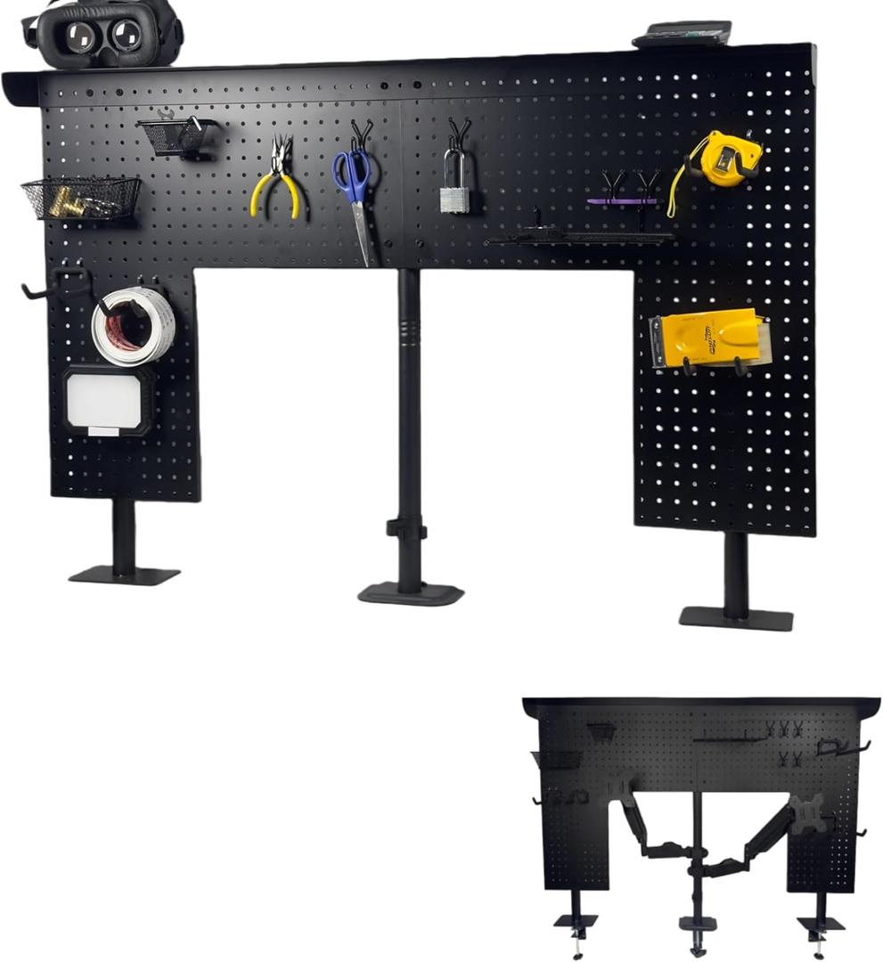 Studio Desk Pegboard with 2 Monitor Mounts Gas Spring Adjustable Arms, Work Bench 47 x 31 inch Heavy Duty Steel Stand Pegboard-Table Shelf Organizer for Workshop, Gaming and Live Streaming Accessories
