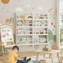 FOTOSOK Kids Bookshelf Set of 2, Wall Mount 4-Tier Book Shelf Organizer for Toys and Books, Toy Storage Bookshelf in Playroom, Kids Room and Nursery, White