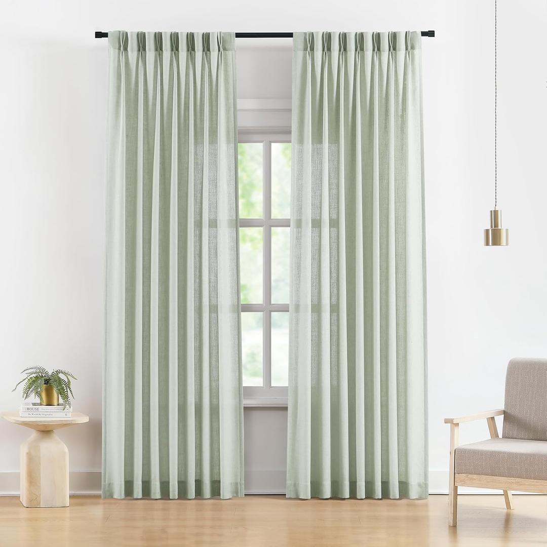 Vision Home Pinch Pleated Semi Sheer Curtains Textured Linen Blended Light Filtering Window Curtains 84 inch for Living Room Bedroom Pinch Pleat Drapes with Hooks 2 Panels 40" Wx84 L,Soft Green