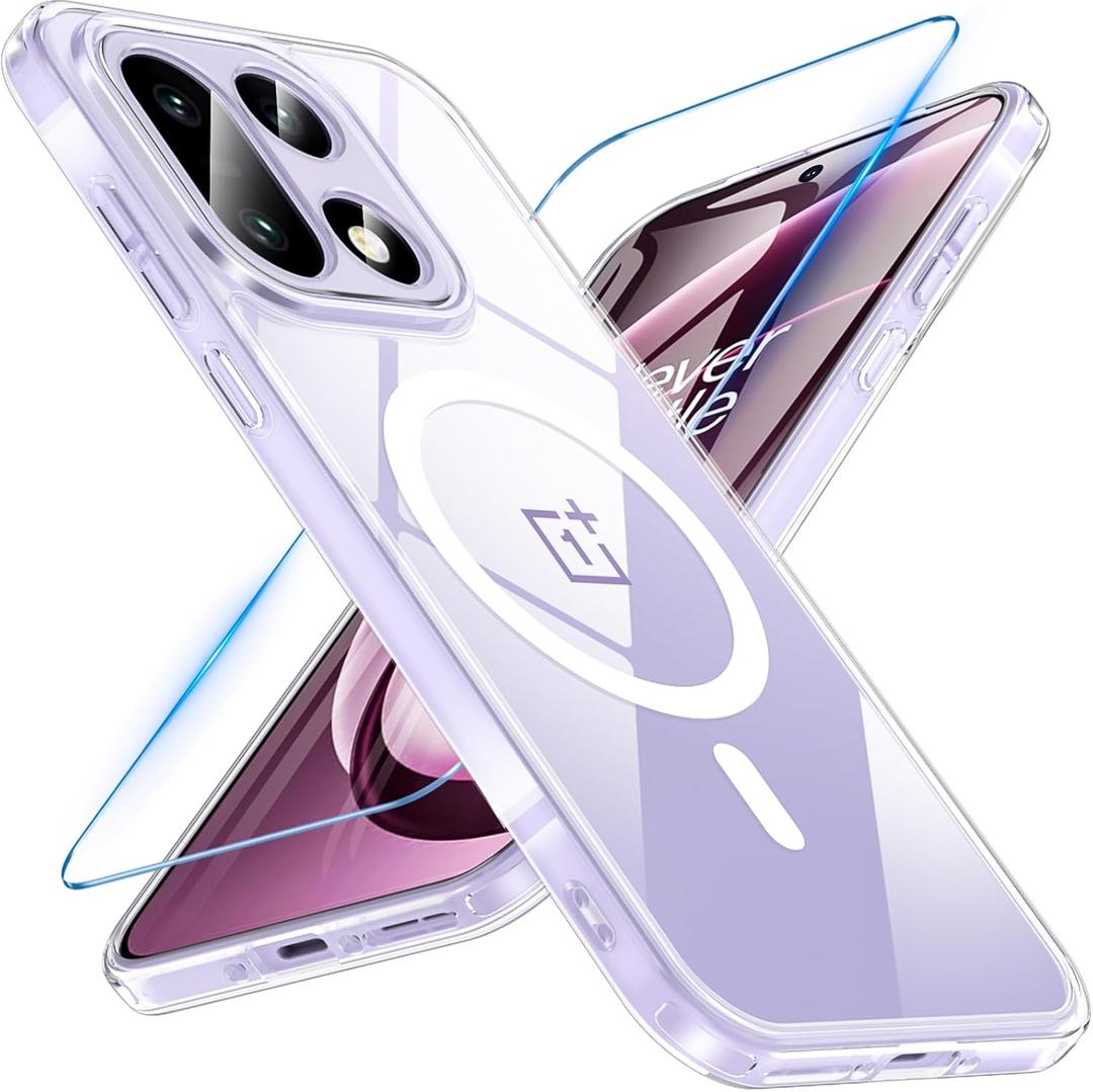 Hensinple Magnetic for OnePlus 15 Case with Screen Protector, [Compatible with MagSafe] Translucent Matte Shockproof Military Grade Drop Proof Protection Cover Phone Case for OnePlus 15 5G(Clear)