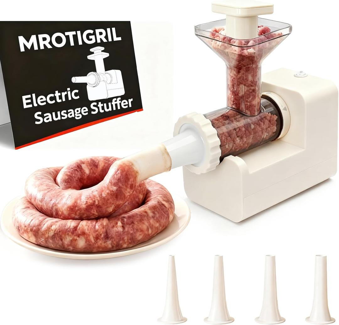 Electric Sausage Stuffer Machine: 4 Stuffing Tubes  OneButton Start Sausage Stuffer: Effortless, 11lbs Meat in 5 Minutes  Time-Saving Homemade Sausage Maker for Hot Dogs, Beef, Chicken (Off-White)