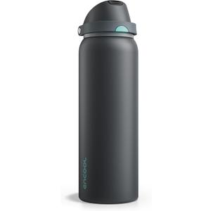 Encool Insulated Water Bottle with Straw - Encool Stainless Steel Water Bottle with Push Button Lid, Leak-Proof & BPA-Free, Keeps Cold for 24 Hours for Sports, Travel, Gym (40 oz, Tuna Grey-Green)