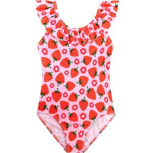 XiaoMoSha Girls Swimsuits Ruffled Round Neck One Piece Bathing Suits for Girls Quick Dry UPF 50+ Sun Protection Swimwears Summer Hawaii Beach Wear for Kids Cute Strawberry 5t Size 6