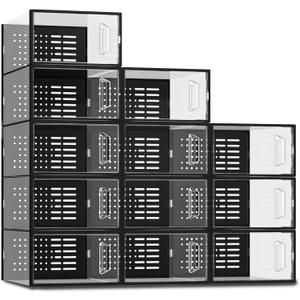 SEE SPRING Large 12 Pack New Stackable Shoe Storage Box, Clear Plastic Stackable Shoe Organizer for Closet, Space Saving Foldable Shoe Rack Sneaker Container Holder (Black)