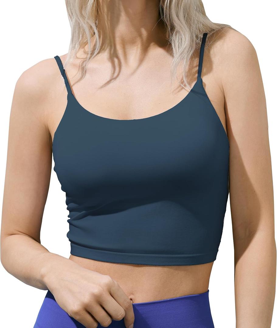 SIXIM Seamless Camisole Tops for Women Built in Bra Women's Spaghetti Strap Tank Tops Padded Double Layer Crop Tops(Navy-L) (L)