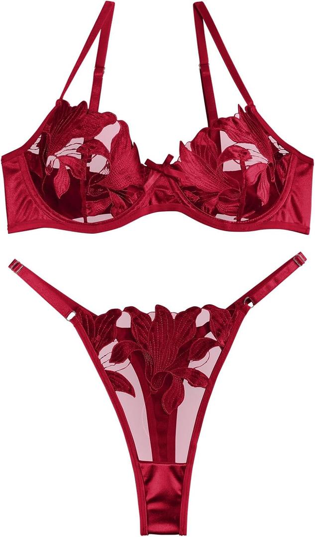 Lilosy Sexy Satin Mesh Floral Sheer Embroidered Underwire Lingerie Set 2 Piece Women (Small)