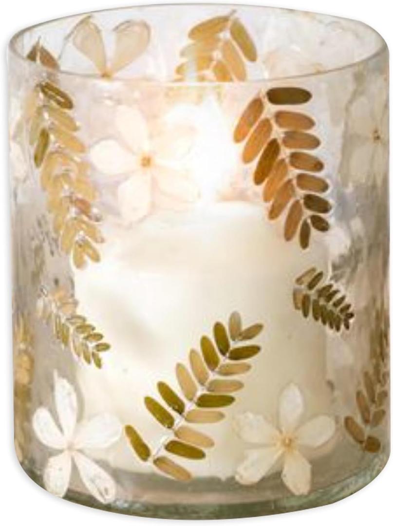 PD Home & Garden Decorative Accent 5 x 4 Inch Glass Tealight Votive Candle Holder Jar Made with Real Pressed Flowers Golden Green and White Dried Botanical Floral and Ferns