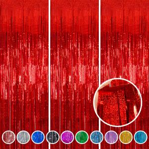 Red Foil Fringe Curtains 3 Pack 3.2 x 8.2 ft Shiny Tinsel Backdrop for Birthday Party Decorations, Photo Booth Background, Red Streamers Decor, Valentines Day