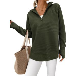 PRETTYGARDEN Womens Long Sleeve Quarter Zip Pullover Sweater Casual Loose V Neck Collared Ribbed Knit Jumper Tops Thumb Hole (Medium, Army Green)