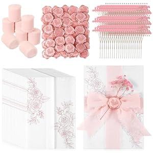 Fullhawl 50 Sets Wedding Invitations Wraps Set Rose Gold Foil Pre Folded Vellum Jackets for 5 x 7 Invitations Pink Dried Flowers Wax Seal Stickers Chiffon Silk Ribbon for Craft DIY