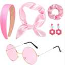 5 Pcs 60s 70s Women Hippie Disco Costume Accessories Set with Headband Earrings Sunglasses Silk Scarf (Pink)