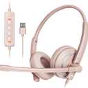 Computer USB Headset with Microphone for PC Laptop - WiredHeadphones with in-Line Control, Lightweight, Enhanced Sound & MIC Mute(Pink)