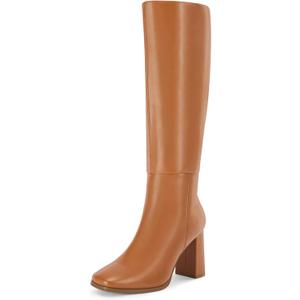 Coutgo Womens Wide Calf Knee High Boots Chunky High Heel Square Toe Fashion Leather Shoes with Side Zipper