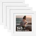 KINLINK 5x5 Picture Frame White Set of 4, Wooden Square Photo Frames Matted 4x4 with Plexiglass for 4x4 with Mat or 5x5 without Mat for Table and Wall Display