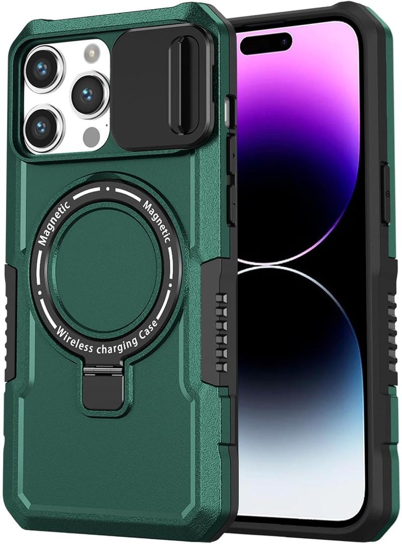 for iPhone 14 Pro Case with Camera Slide Cover [Compatible with MagSafe] with Magnetic Ring Kickstand, Military Grade Heavy Duty Case for iPhone 14 Pro 6.1'', Green
