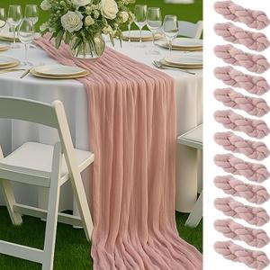 12 Pack Dusty Pink Cheesecloth Table Runners  10FT Blush Gauze Boho Table Decor Set for Bridal Shower, Mothers Day Brunch, Baby Girl Party, or Romantic Wedding Reception