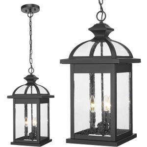 Darkaway Outdoor Pendant Lights for Porch, Extra Large 23inch Outdoor Chandelier 3-Light Hanging Lights Adjustable Hegiht Exterior Chandelier Ceiling Mount with Seeded Glass for House Patio Gazebo (Black)
