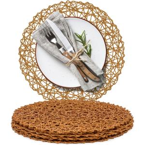 AHHFSMEI Paper Braided Round Placemats Set of 6 Natural Non-Slip Heat Resistant Table Mats for Dining Tables Woven Indoor & Outdoor Place mats(Brown)