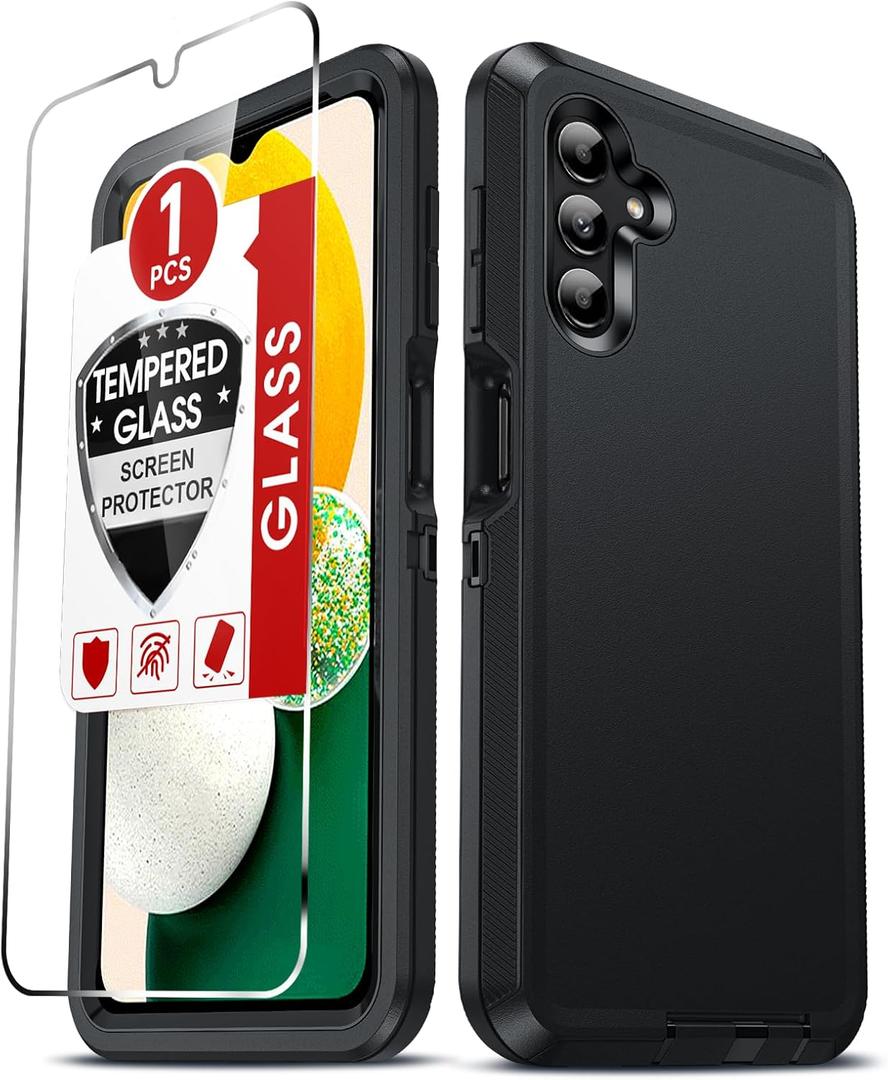 LeYi Compatible for Galaxy A13 5G Phone Case: Tempered Glass Screen Protector, Heavy Duty 3 in 1 Rugged Cover, Military Grade Shockproof Cell Phone Android Funda para Galaxy A 13 5G, Black