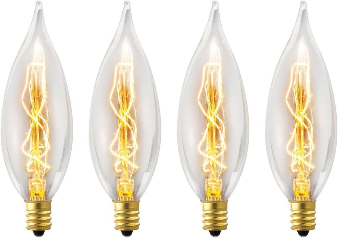 GLOBE Electric 1327 25W Vintage Edison CA10 Flame Tip Incandescent Filament Light Bulb, 4 Pack, E12 Base, 01327, 4