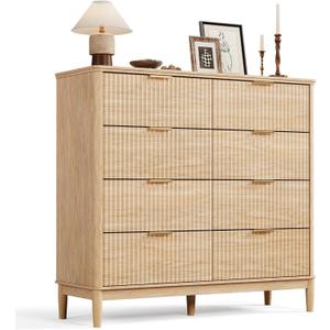 LINSY Fluted Dresser for Bedroom with 8 Drawers, Mid Century Modern Chest of Drawers with Gold Metal Handles, Wide Boho Wood Dressers, Large Farmhouse Storage Cabinet for Bedroom, Living Room, Oak (15.7"D x 47"W x 43.6"H (8 Drawers))