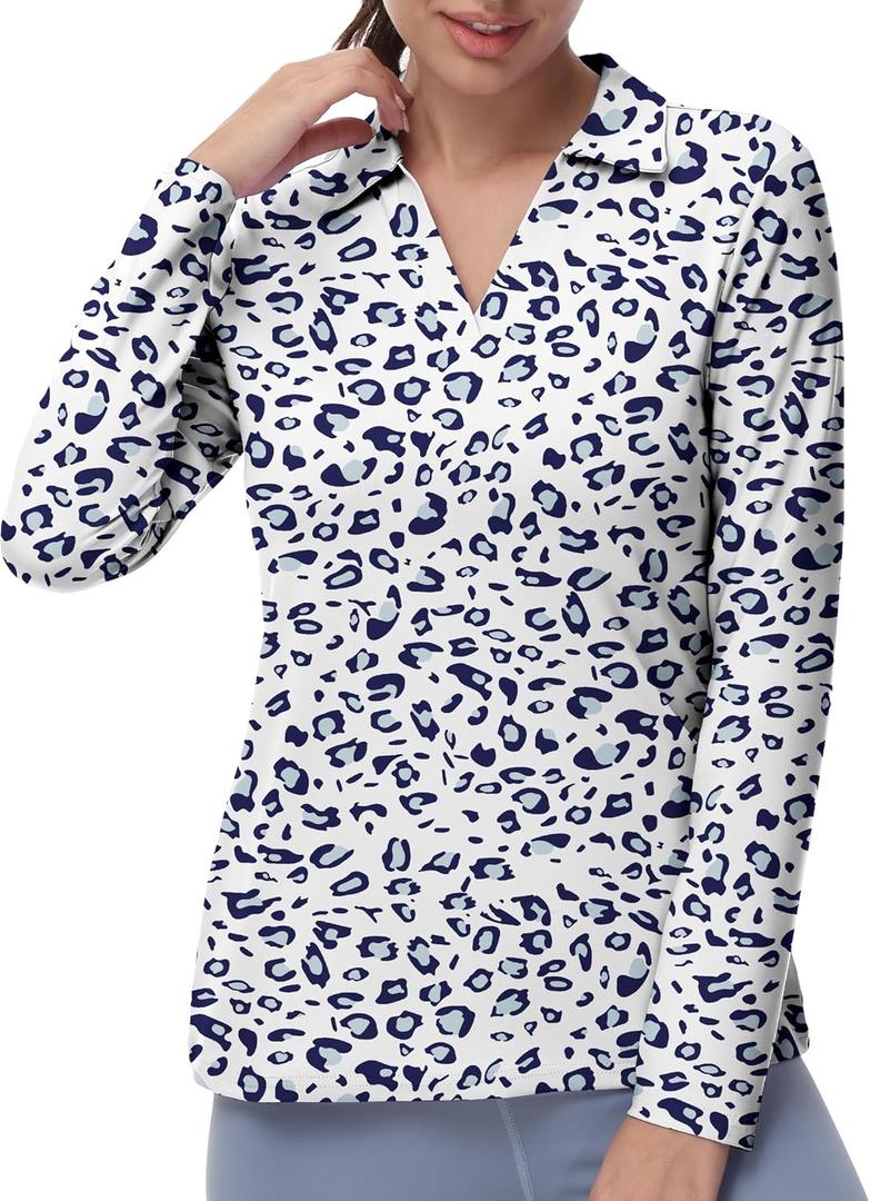 Women's Golf Polo Shirts Long Sleeve Workout Tops V Neck UPF 50+ Sun Protection Quick Dry Lightweight Active Shirts (White, XL)