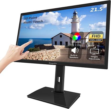 Dragolftie 21.5 Inch Touchscreen Monitor FHD 1920x1080P, Built-in Speakers, VESA Supports, 10-Points Computer Touch Screen PC Display with Type-B HDMI VGA Port, 75Hz Desktop Touch Display, Black