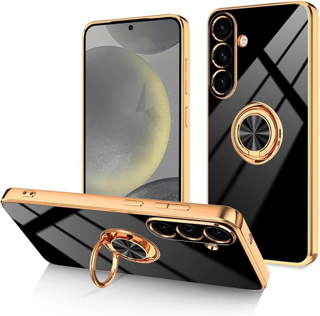 Dinick for Samsung Galaxy S25 Case with Ring Holder Kickstand, Soft TPU Gold Plated Cover, Anti-Scratch Shockproof Protection, Slim Magnetic Stand Case for Samsung Galaxy S25, Black