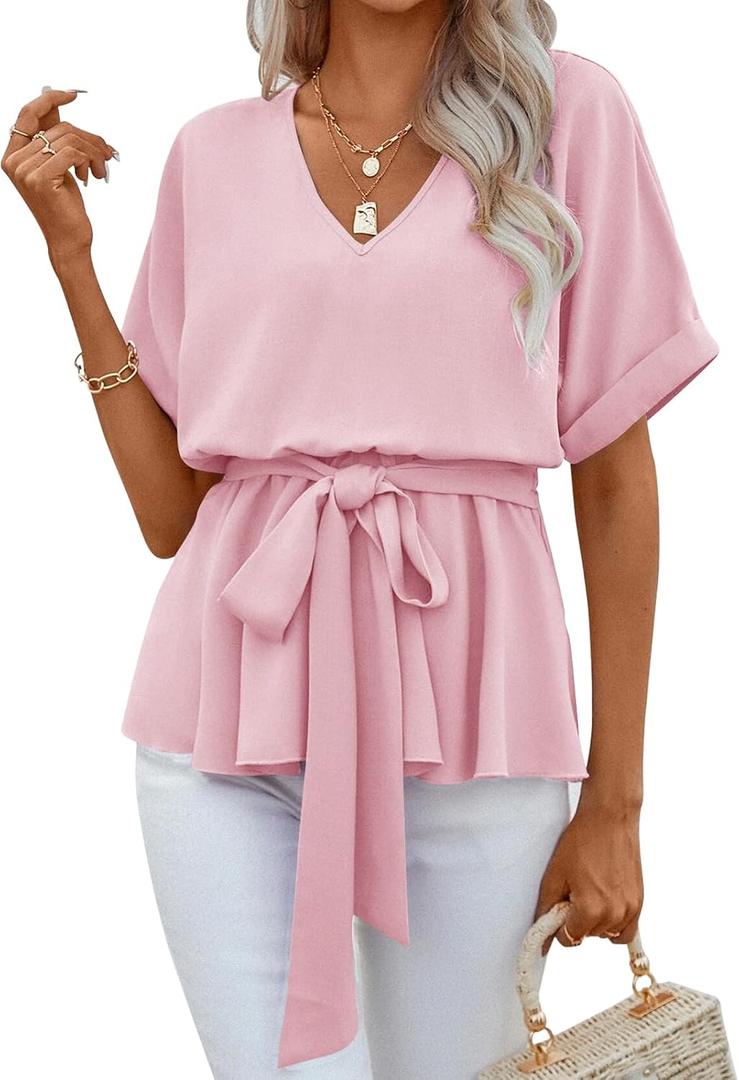 FSHAOES Womens Summer Short Sleeve Blouses V Neck Peplum T-Shirts Tops (Pink)