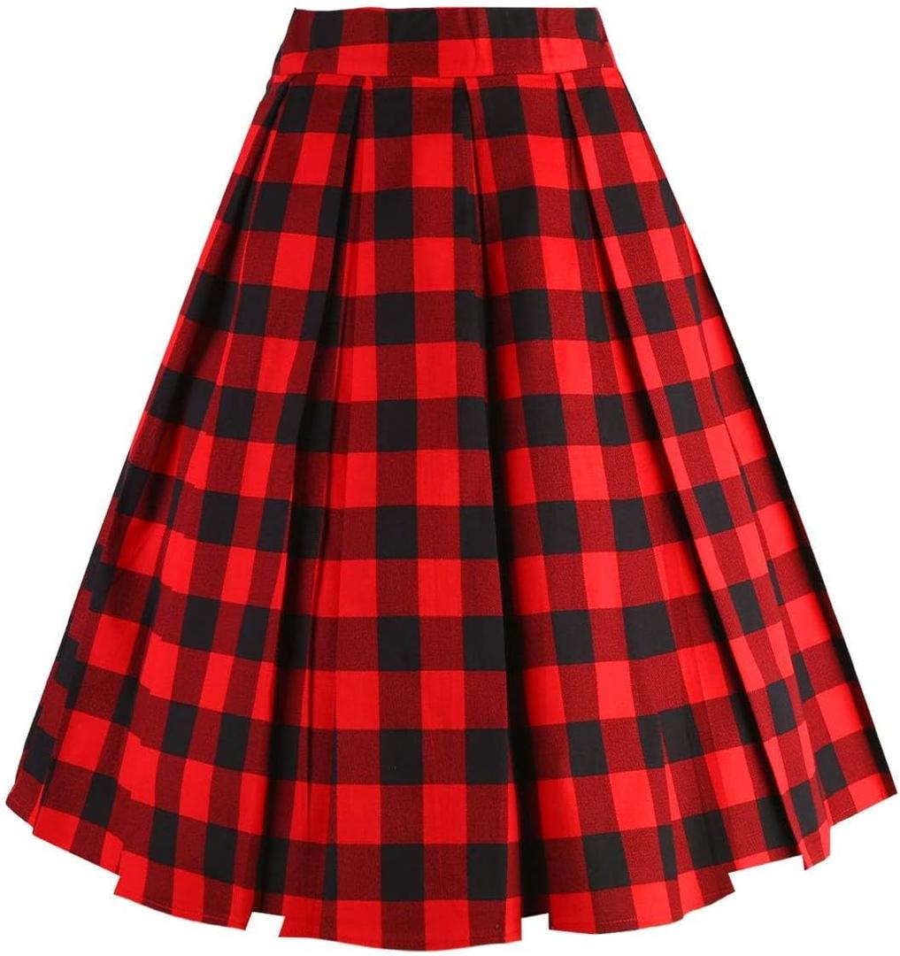 OBBUE Dresstore Vintage Pleated Skirt Floral A-line Printed Midi Skirts with Pockets