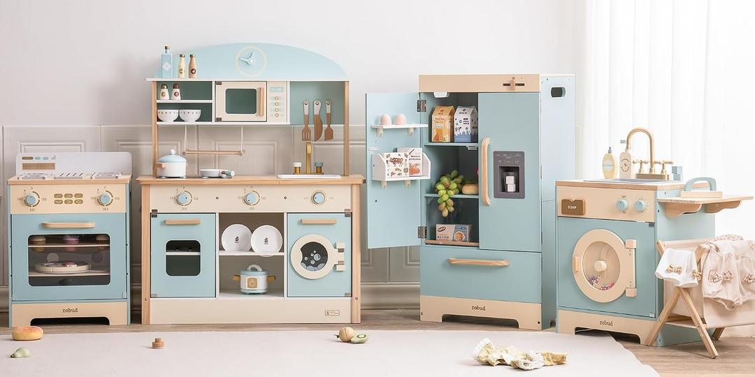 ROBUD 4-in-1 Wooden Play Kitchen Set for Kids, Fridge Oven Washer
4-in-1 wooden toy kitchen with fridge, oven, washer & ice maker, inspiring creative pretend play with accessories