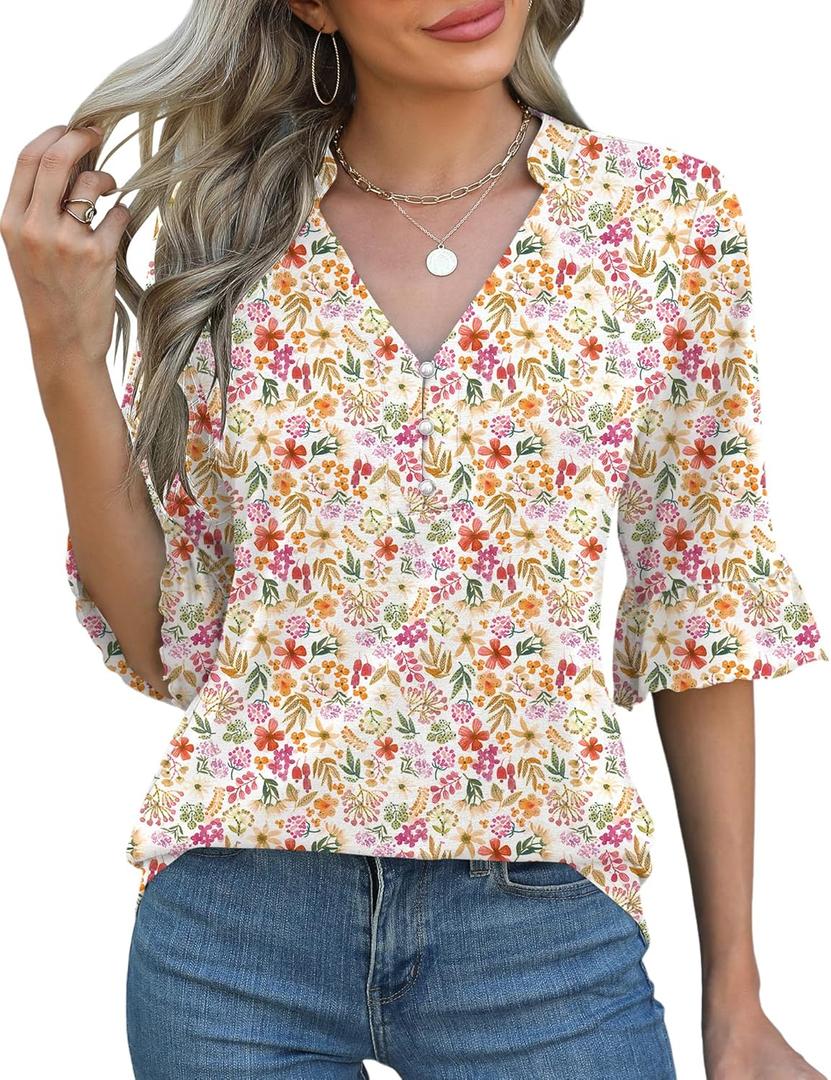 Rapbin Womens 3/4 Length Sleeve Blouses Ruffle Cuffs V Neck Button Down Shirts Dressy Flowy Tunic Tops (Small, White Red Floral)