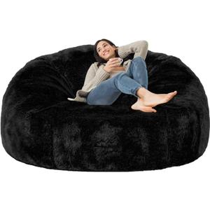 7FT Giant Bean Bag Chair Cover (Cover only, No Filler) Soft Faux RH Fur Sofa Bed Washable Bean Bag Couch Cover for Adult and Kids with Liner, Black