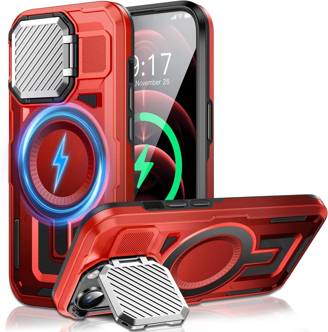 Camera Stand Case for iPhone 12 Pro Max, [Compatible with MagSafe] [Lens Cover] 2024 Version Military Grade Protective Soft Case for iPhone 12 Pro Max 6.7 inch Men Women, Red