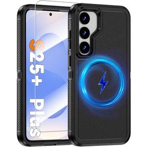 Magnetic Case for Samsung Galaxy S25+ Plus with Screen Protector [Compatible with MagSafe Wireless Charging] [Dual Layer Military-Grade Protection] Heavy Duty Rugged Shockproof Protection Cover, Black