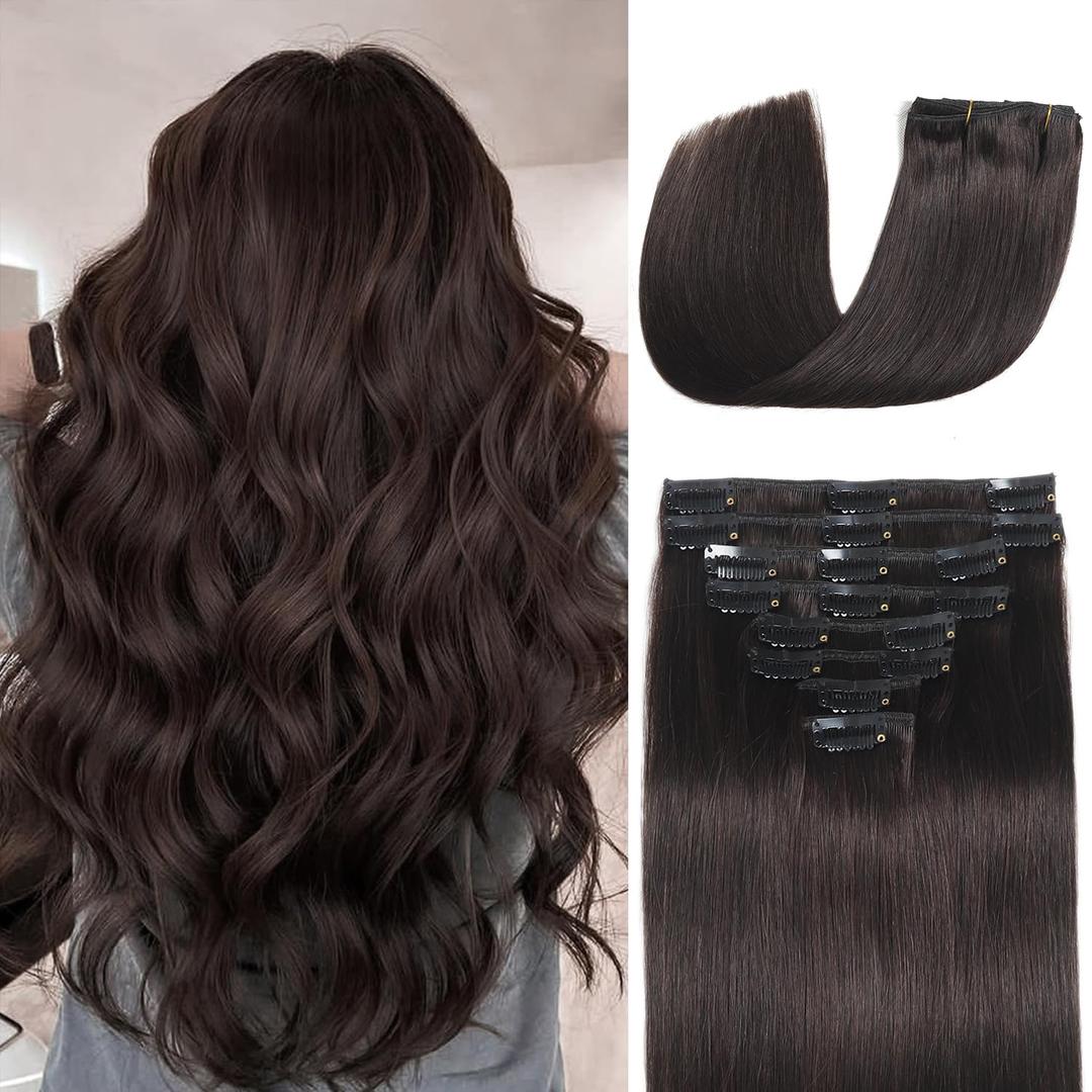 Clip in Hair Extensions Real Human Hair 18 inch 100g/3.6oz Straight Seamless Invisible Human hair Extensions Clip ins for Women Double Weft 8pcs #2-Dark Brown