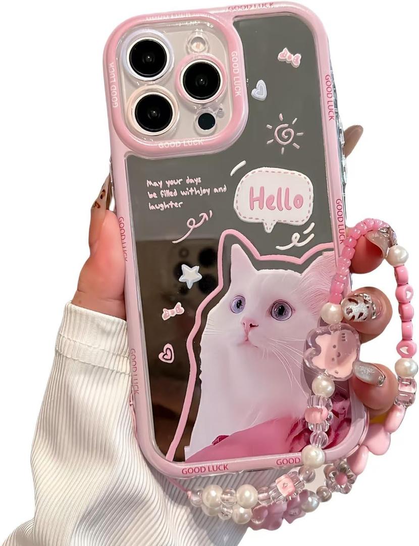 for iPhone 15 Pro Max Case, [Cute White Cat Pattern][Shiny Mirror Case][2-in-1 Bead Wrist Strap], Soft TPU Frame, Shockproof and Drop-Proof, Suitable for Women & Girls