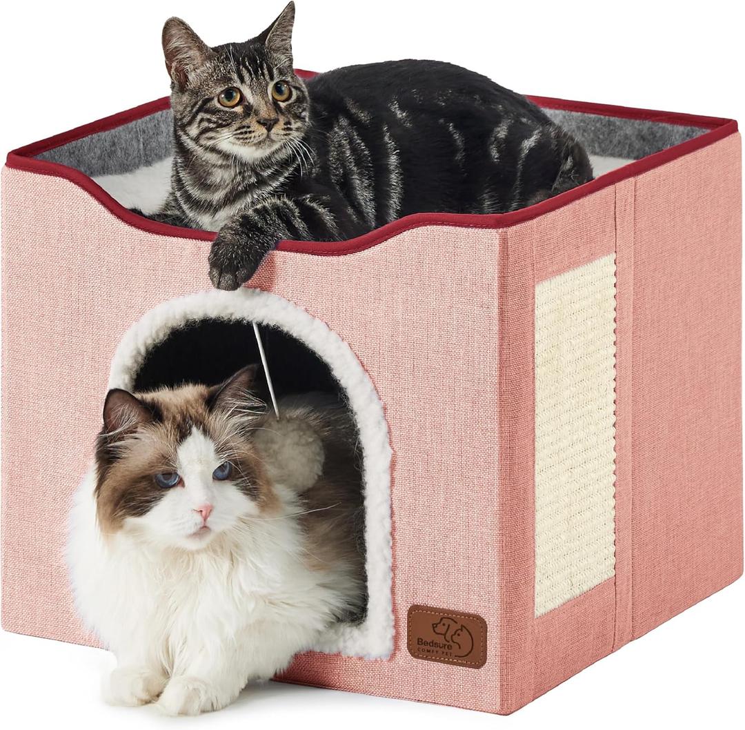 Bedsure Cat Beds for Indoor Cats - Large Cat Cave for Pet Cat House with Fluffy Ball Hanging and Scratch Pad, Foldable Cat Hideaway,16.5x16.5x13 inches, Pink (Single)