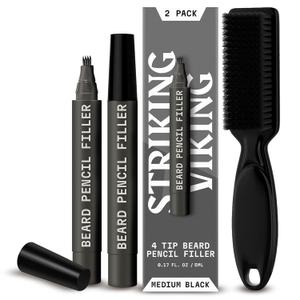 Striking Viking 2 Pack Beard Pencil Filler for Men with 4 Tips (Medium Black) - Fill, Shape & Define with this Long-Lasting, Waterproof Beard Pen Kit Including Brush
