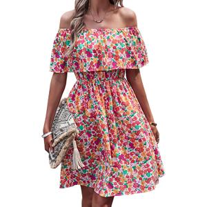 Off Shoulder Boho Floral Swing Mini Dress Summer Strapless Pleated Short Dress (M)