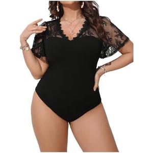 SHENHE Women's Plus Size V Neck Lace Flutter Short Sleeve Elegant Slim Blouse Bodysuit XL