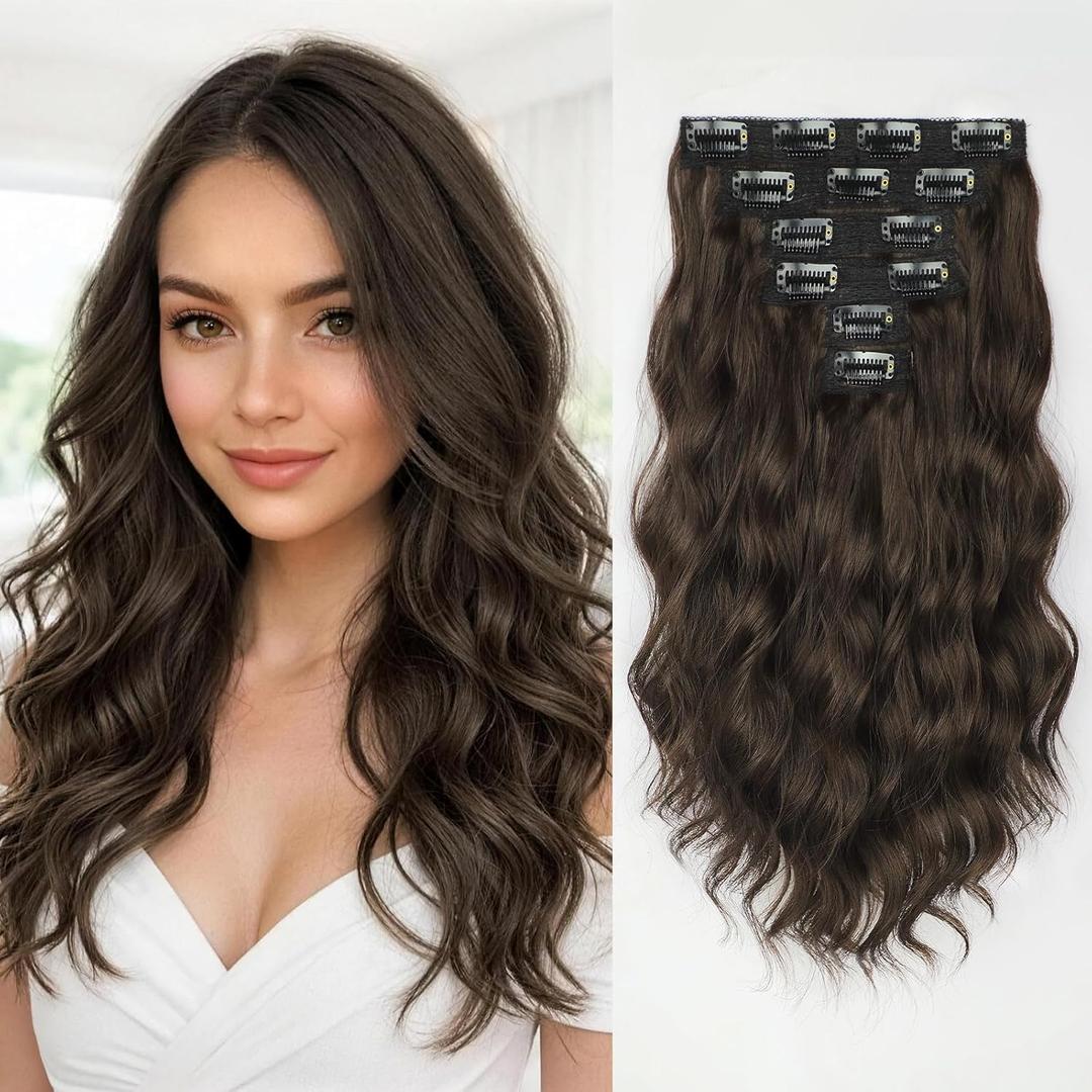 KooKaStyle Short Hair Extensions 6PCS 14 Inch Wavy Curly Hairpieces Synthetic Soft Lace Weft Clip in Hair Extensions-Chestnut Brown for Women