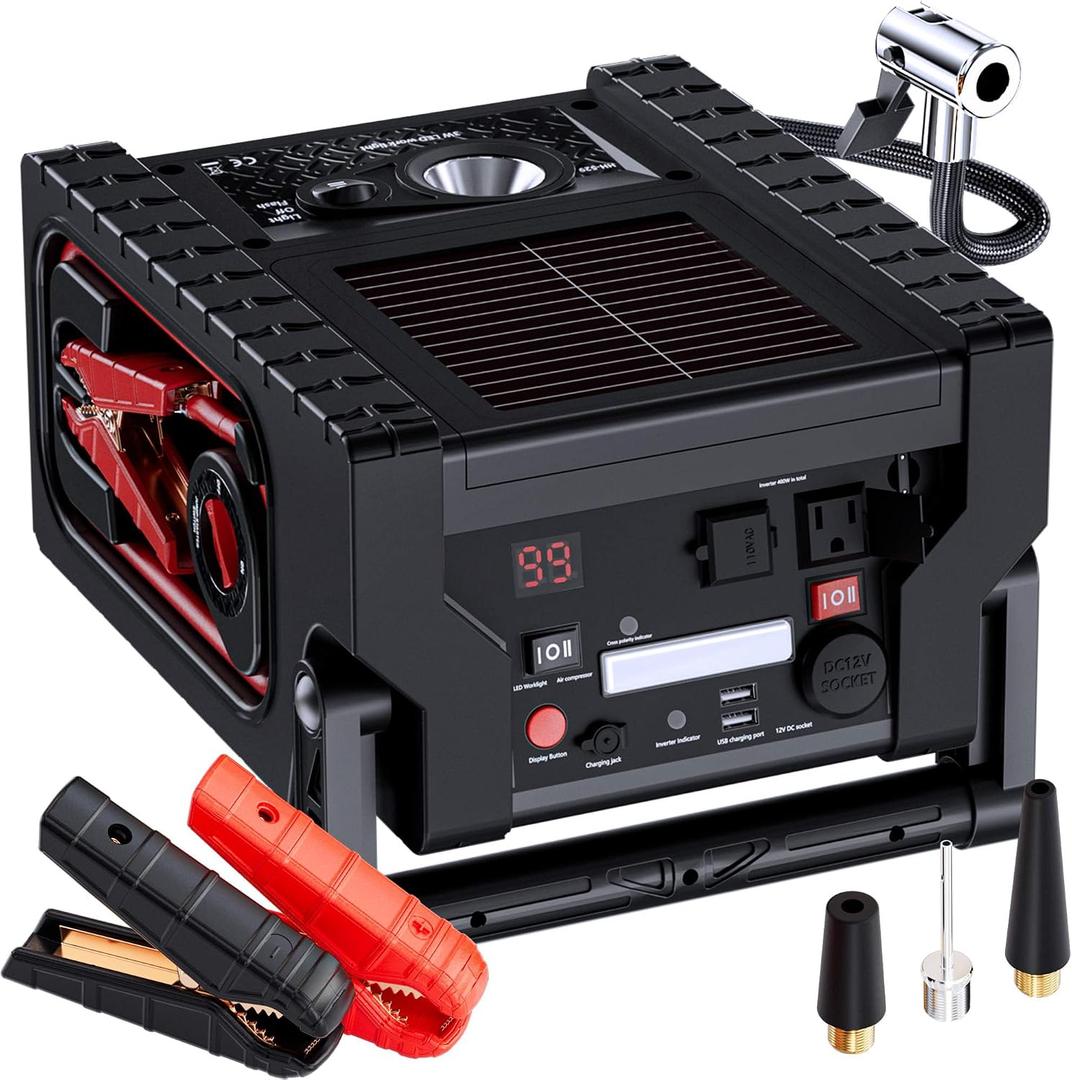 2000A Car Jump Starter with Air Compressor, Portable Power Station with 400W Inverter, 12V Battery Booster for Up to 8.5L Gas/Diesel Engines, Dual AC/DC/USB Outputs for Cars, Trucks, Camping (Black)