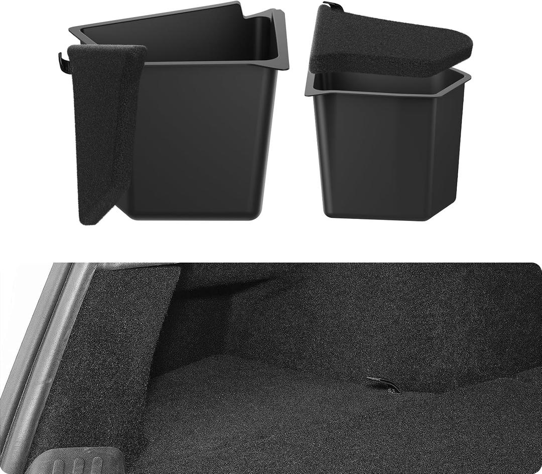 BASENOR 2020 2021 Tesla Model Y Trunk Organizer, (Proprietary Design) Waterproof Rear Trunk Storage Bins Side Box with Carpeted Lip Interior Accessories Set of 2 for 5-Seater