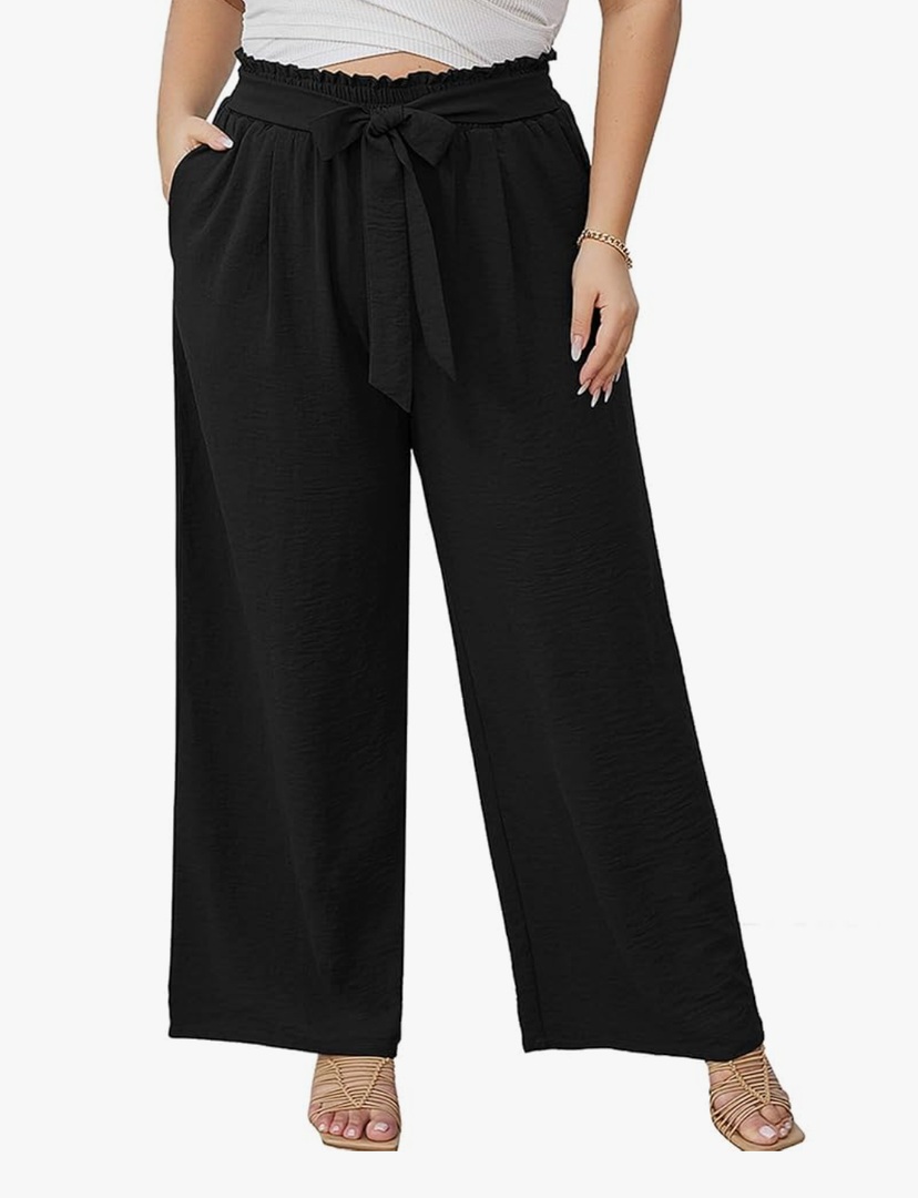 AusLook Women's Plus Size Wide Leg Lounge Pants with Pockets High Waisted Palazzo Adjustable Tie Knot Trousers, XL
