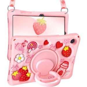 Boaretiu for Samsung Galaxy Tab A9+ Case - Soft Silicone Case with Shoulder Strap & Rotating Stand Strawberry Cute Cartoon 3D Kawaii for Girls Girly Kids Teens for Samsung A9 Plus Tablet 11 inch 2023