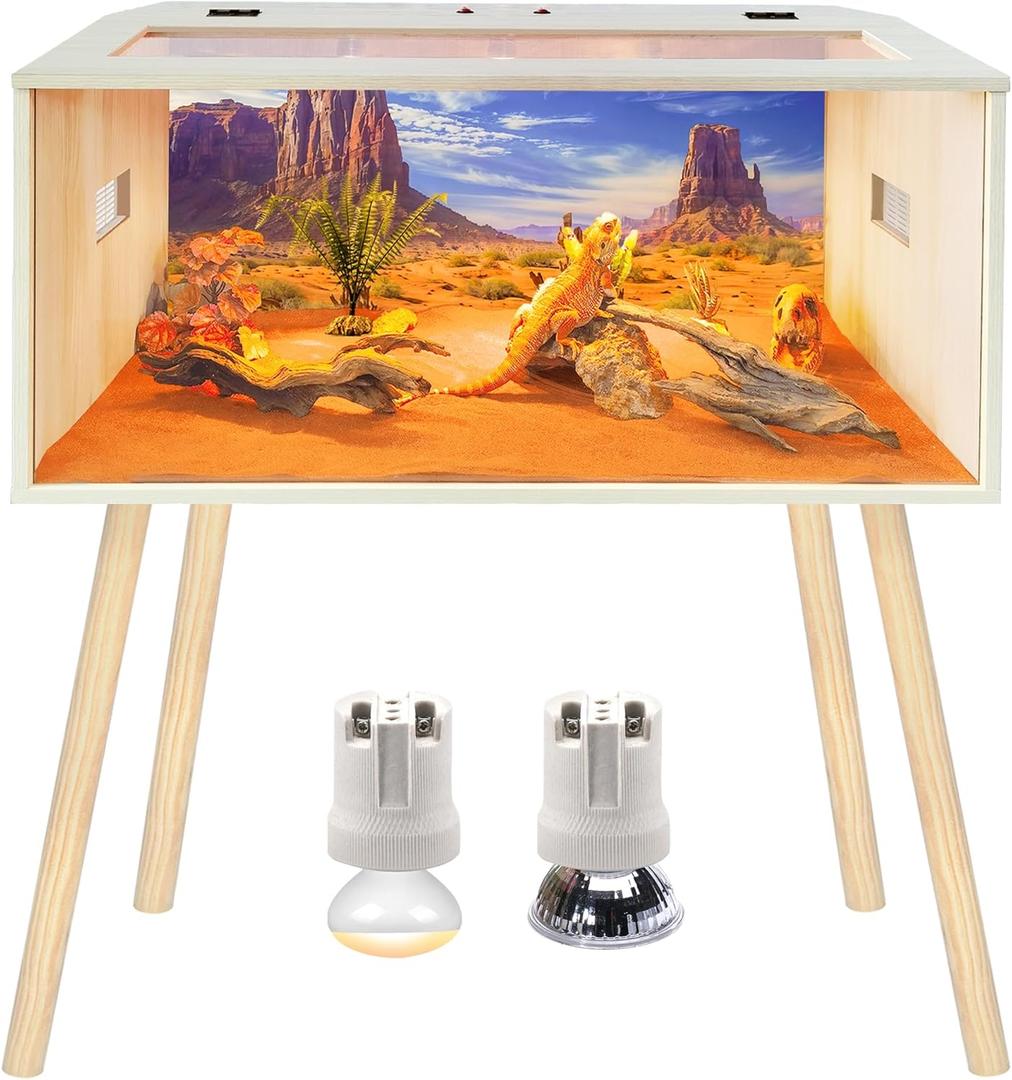 Prolee 36 Gallon Reptile Tank, Tempered Glass Bearded Dragon Tank with Wooden Roof and Lockable Doors, Large Lizard Habitat for Snakes, Iguanas, Chameleons (Oak)