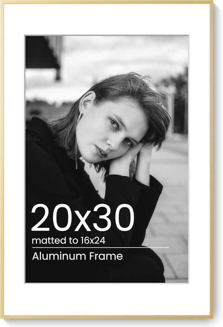 20x30 Poster Frame Gold, Aluminum Metal 20 x 30 Frame with Removable Mat, 20 by 30 Gold Picture Frame Matted to 16x24 Photo, Real Tempered Glass for Home and Office Gallery Wall, 1 Pack