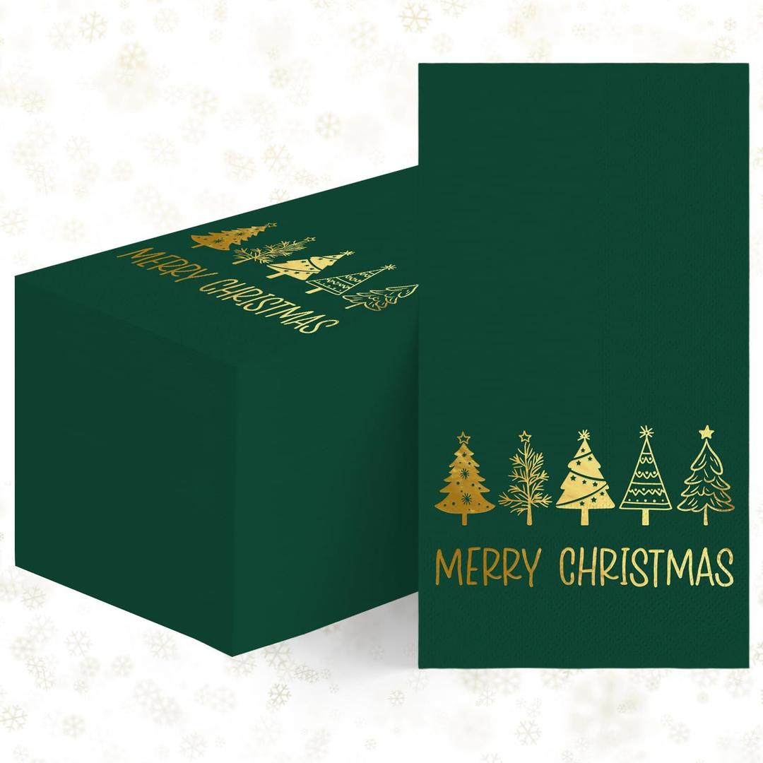 Horaldaily 100 Christmas Disposable Paper Decorative Guest Napkins, Green Gold Foil Christmas Tree Hand Towel for Party Lunch Dinner Kitchen Bathroom